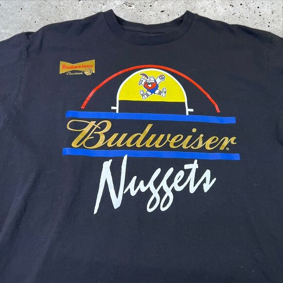 Mitchell & Ness Budweiser Denver Nuggets T-Shirt Sz L Black Courtside NBA Retro - Picture 2 of 10